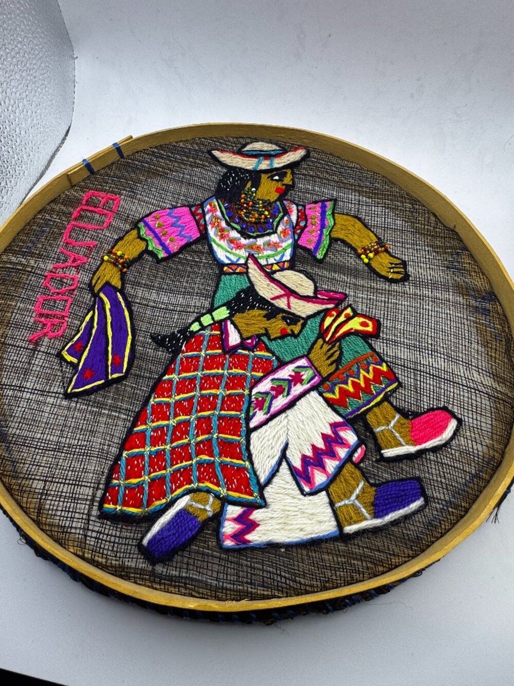 Vintage Ecuadorian Hand Woven Embroidered Hoop Fiber Art Tapestry